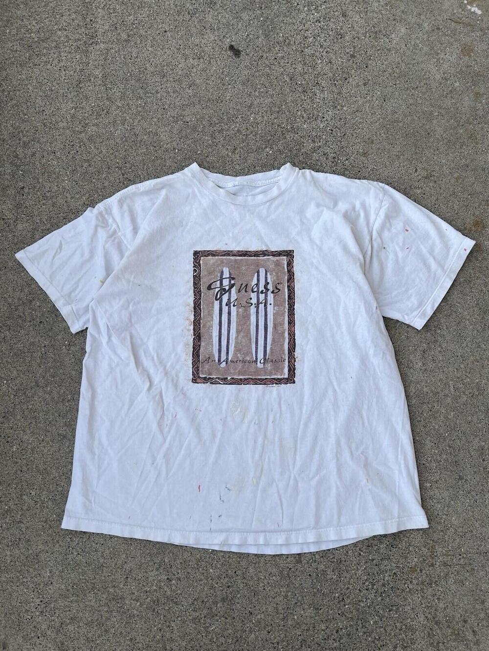 Vintage 90s Guess USA Made Tshirt Surf Skate Beach Logo Island Men’s Large